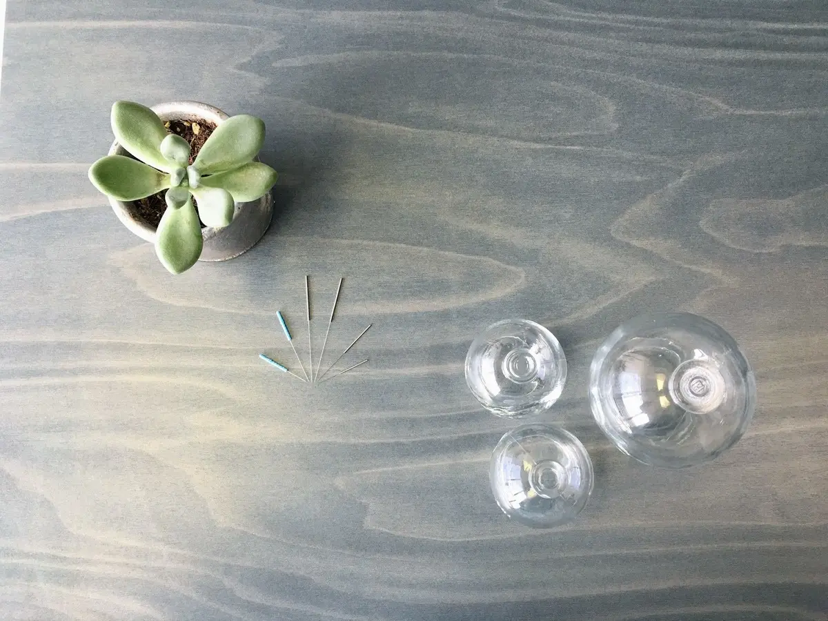 flower, needles and glass cups on a table